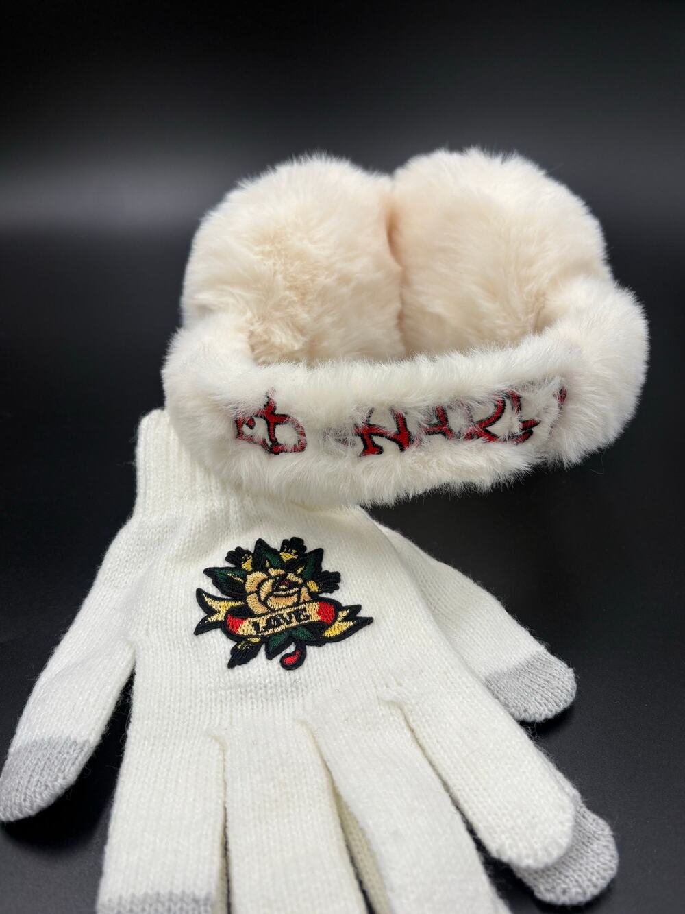 Ed Hardy White EarMuffs and Gloves Set Womens New